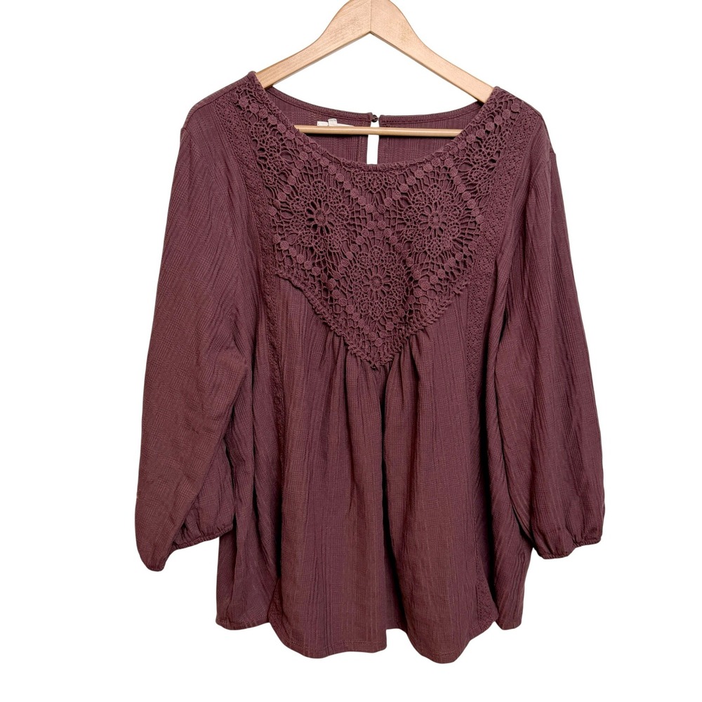 Maurices Crochet Lace Gauze Blouse 3X Burgundy Boho Peasant Top Fall Cottagecore